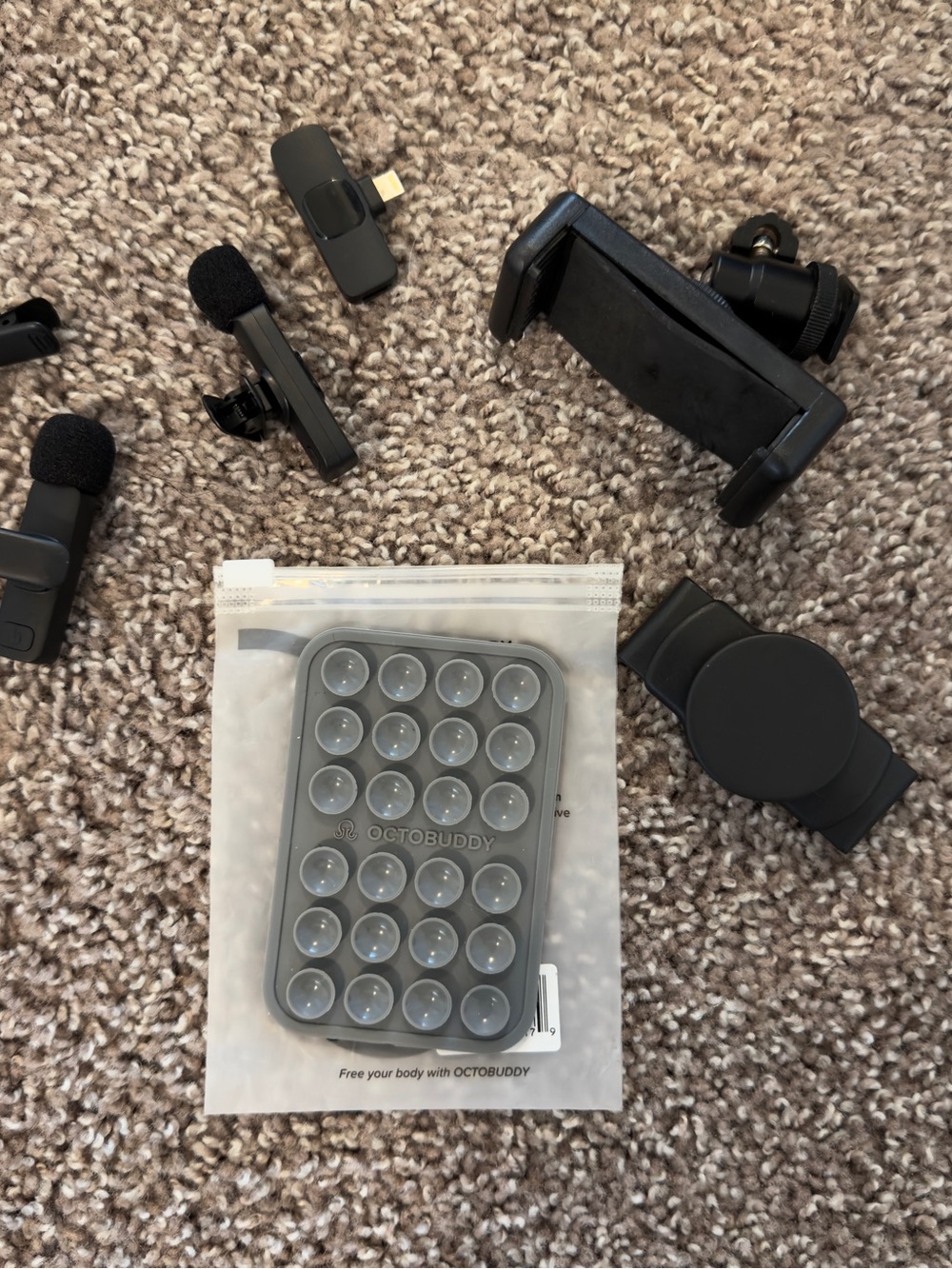 Octobuddy, microphones, phone mount, and pop socket